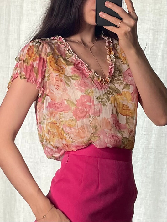 Vintage Floral Pink/Orange Ruffle Hem V-Neck Blouse S