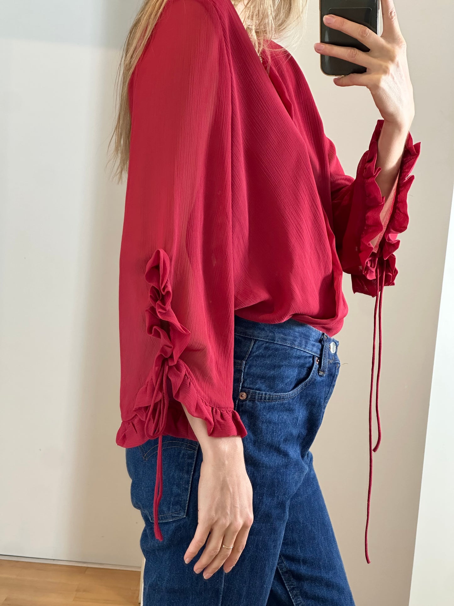 Red Frills Sleeves Blouse M
