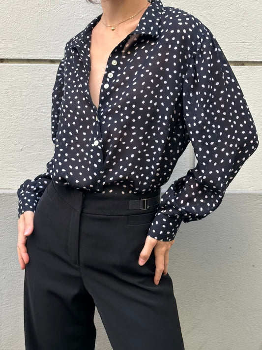 Vintage Navy Blue & White Polka Dots Blouse M