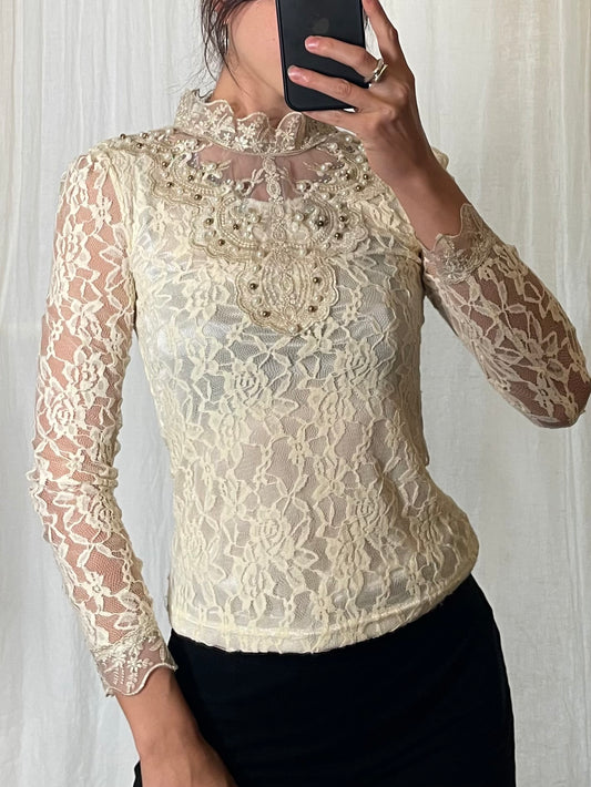 Vintage Lace Sparkly Pearl Lace Long Sleeve Top S