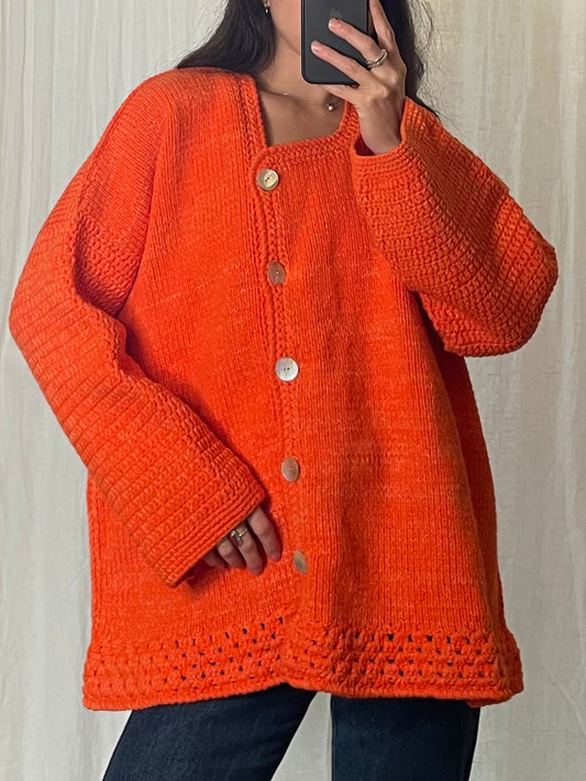 Vintage Handmade Knitted Orange Oversized Cardigan L