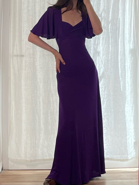 Vintage Purple Flutter Sleeve Tie Back Maxi Dress XS/S