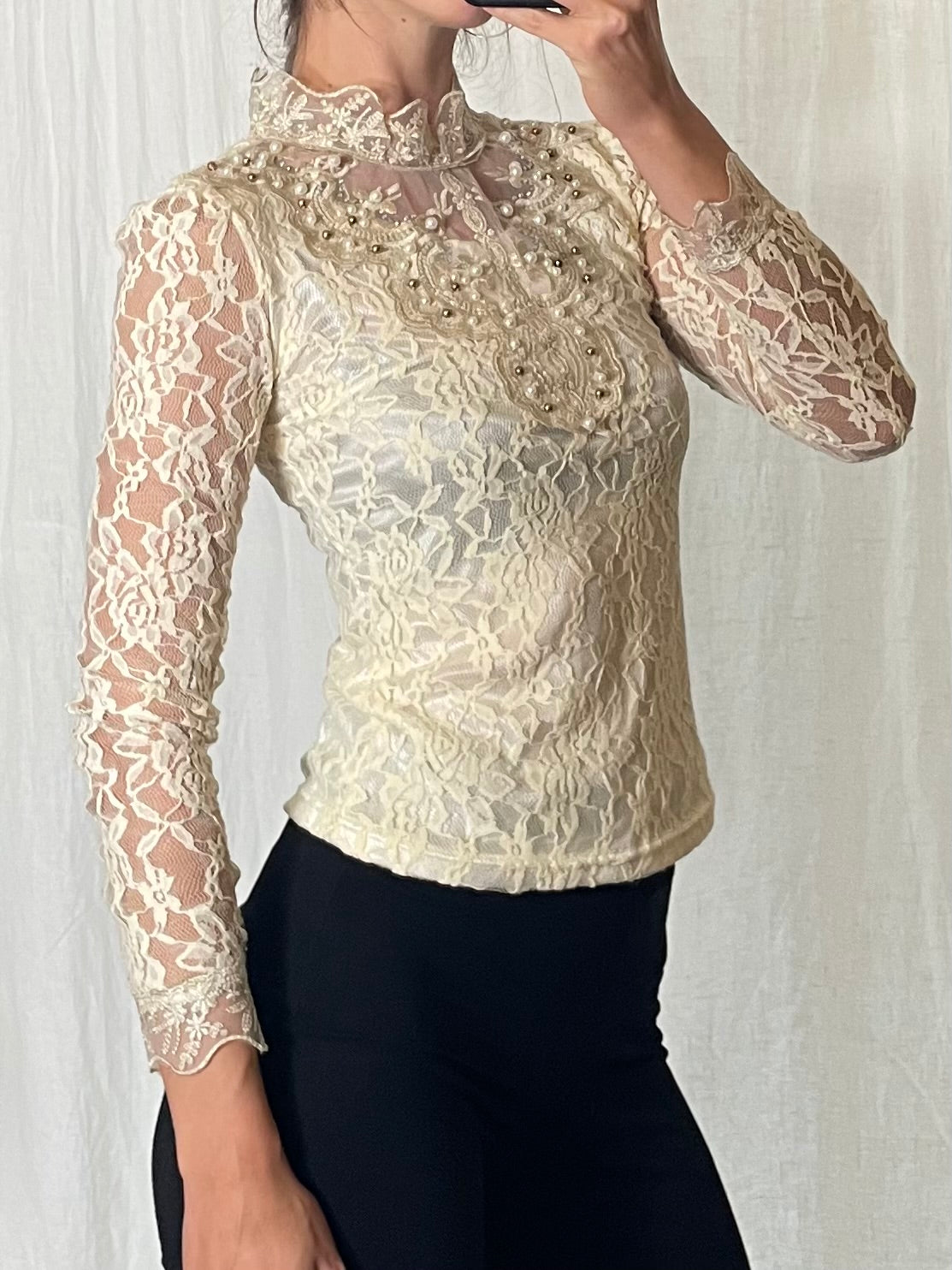 Vintage Lace Sparkly Pearl Lace Long Sleeve Top S