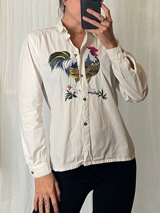 Vintage 100% Cotton Embroidered Rooster Button Down Long Sleeve Top S