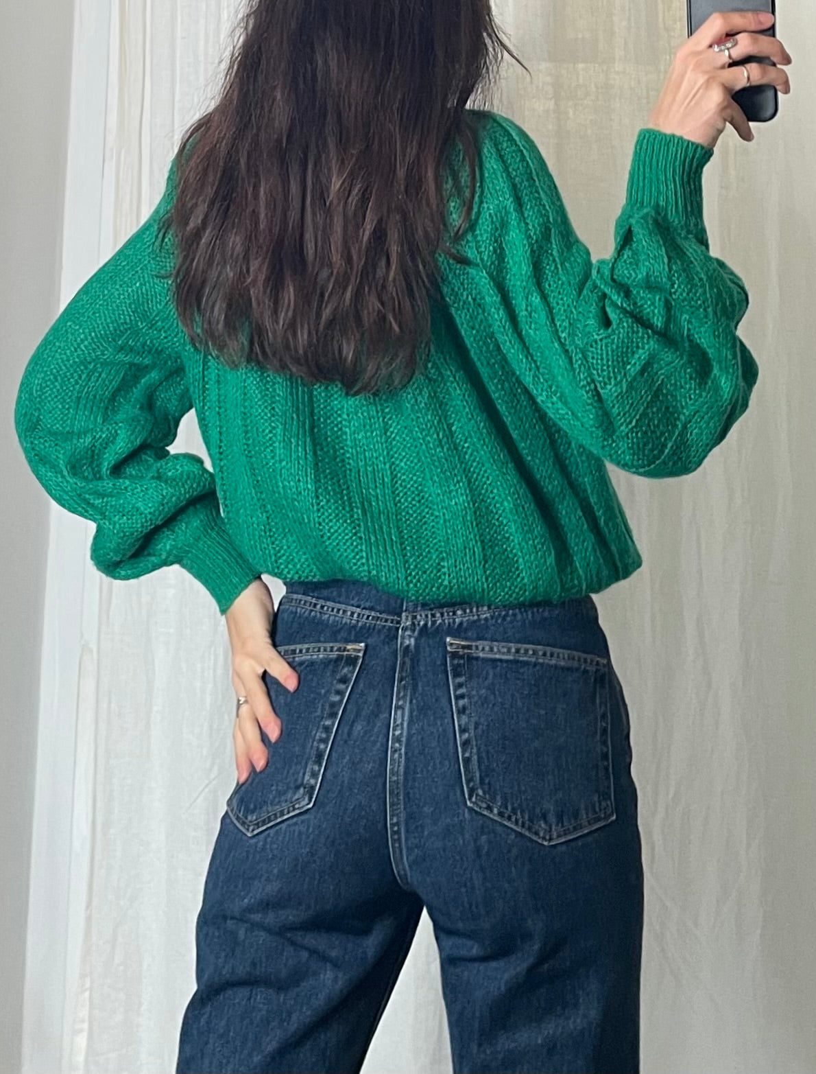 Vintage Emerald Green Mohair Cable Knit Rhinestone Turtleneck Sweater M