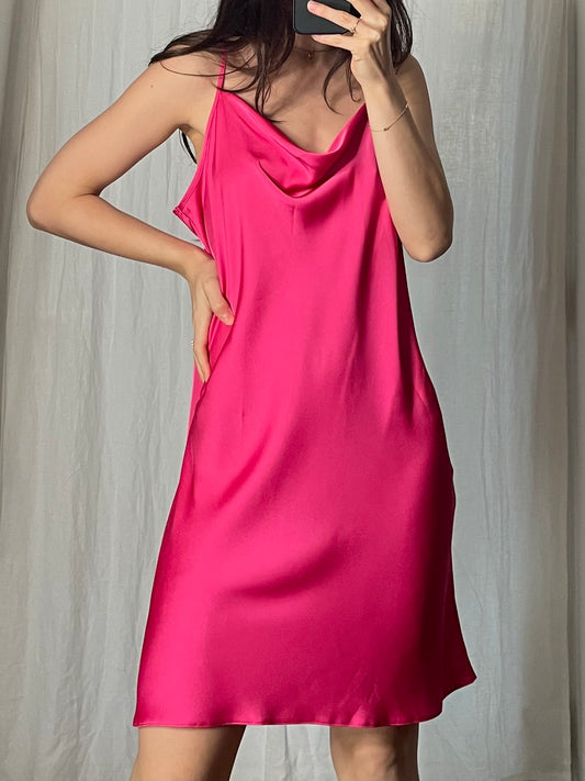90’s Style Hot Pink Satin Cowl Neck Slip Dress M/L