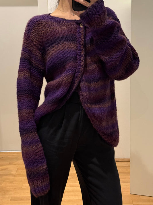 Vintage Wool Handmade Purple Stripe Cardigan Sweater L