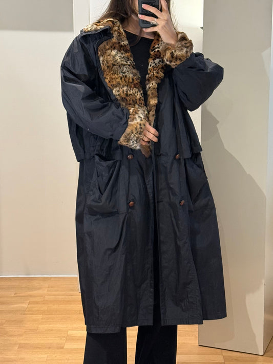 Vintage Black Navy Blue & Cheetah Print Fur Trench Coat L/XL