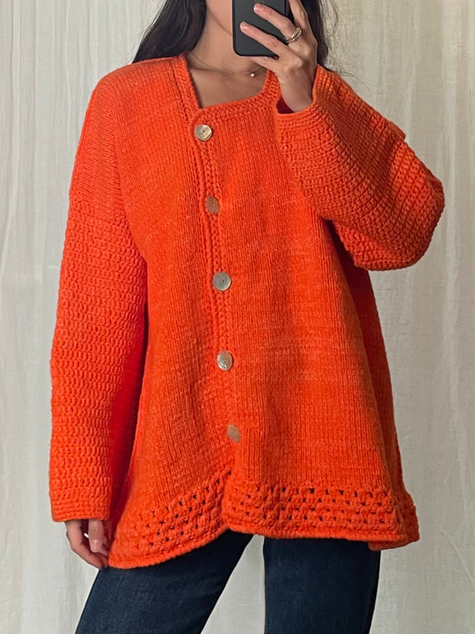 Vintage Handmade Knitted Orange Oversized Cardigan L