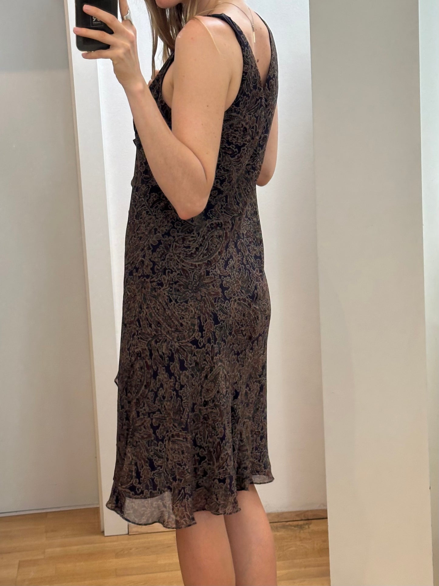 Ralph Lauren Silk Paisley Brown Midi Dress L