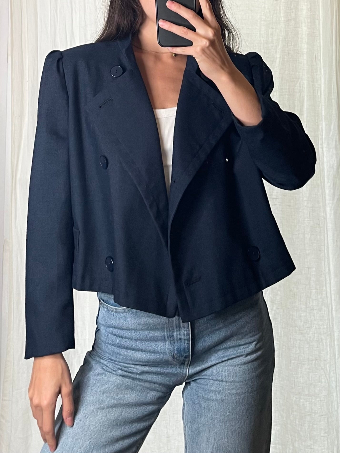 Vintage Navy Wool Blend Structured Short Blazer Jacket M