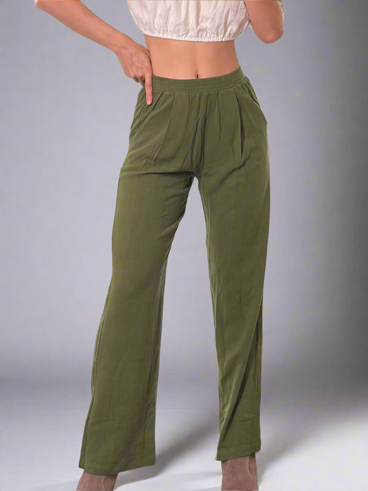 Cotton High Waisted Olive Green High Waisted Straight Leg Trousers