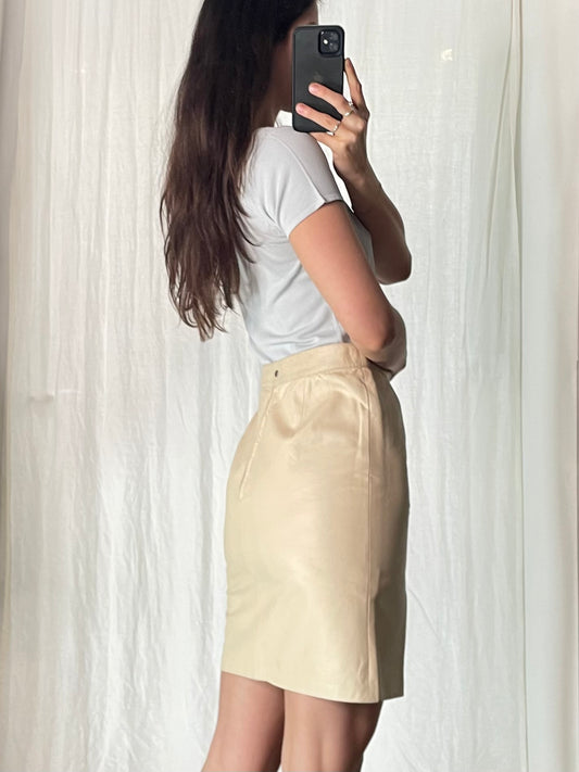 Vintage 100% Genuine Leather High Waisted Cream Skirt M EU 40
