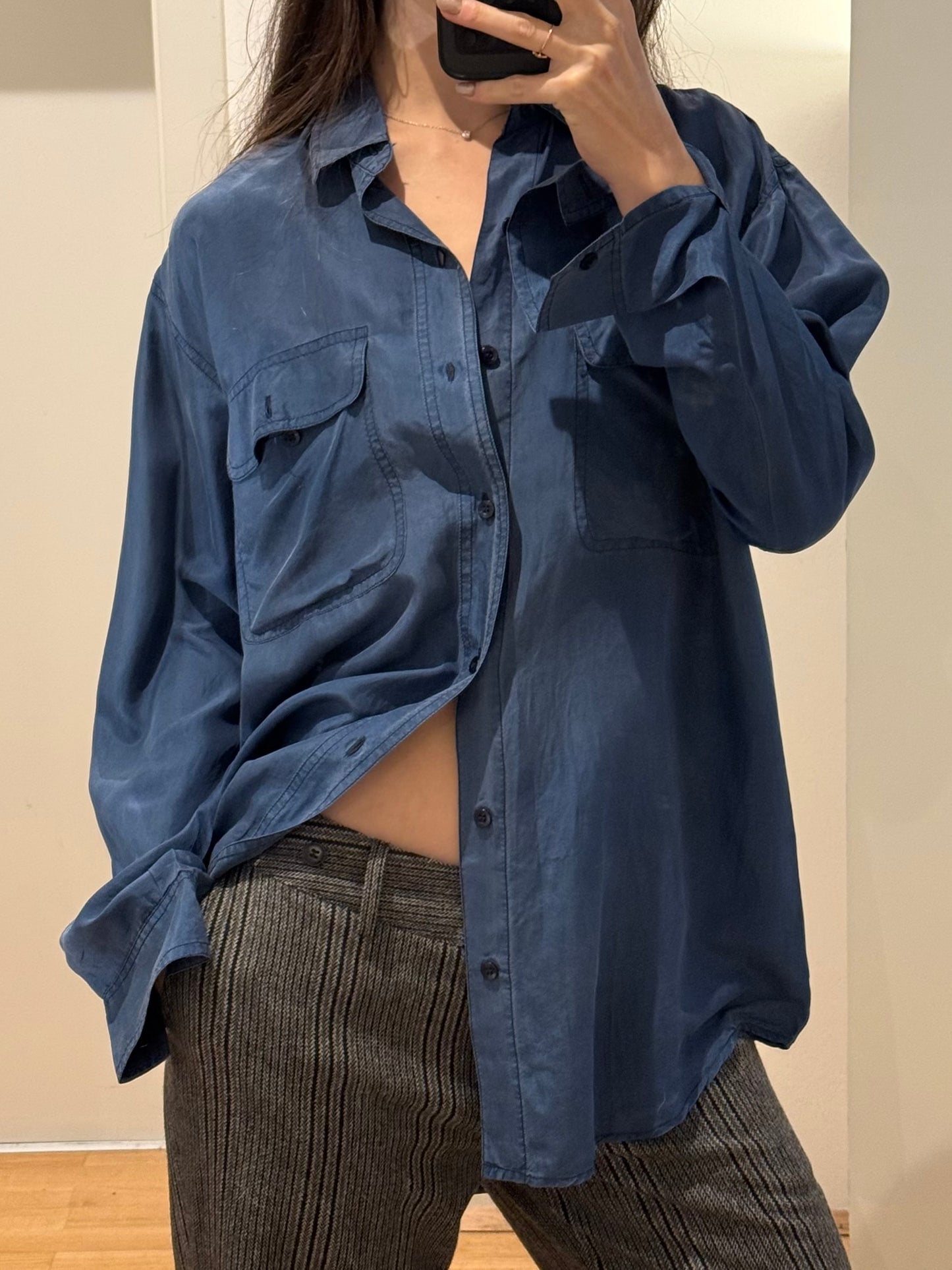 Vintage 100% Silk Blue Button Down Blouse M/L