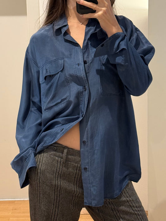 Vintage 100% Silk Blue Button Down Blouse M/L