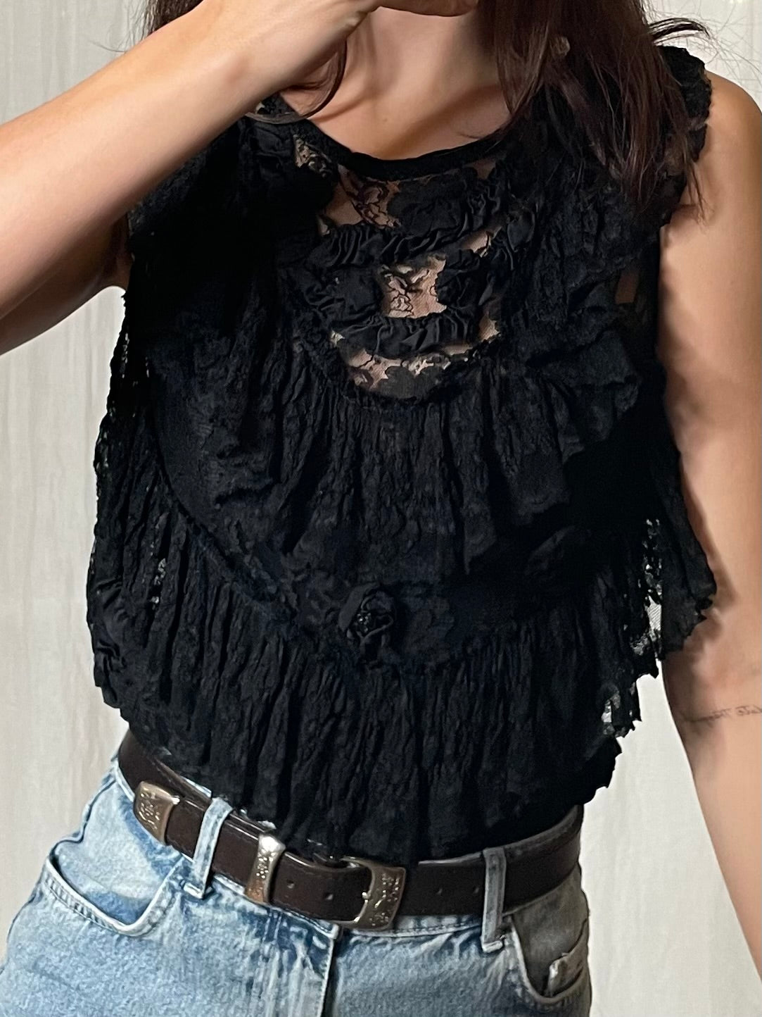 Vintage Black Lace Ruffle Top S