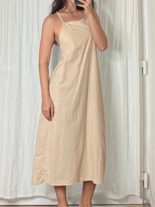 Cotton Blend Low Back Midi Dress Cream S