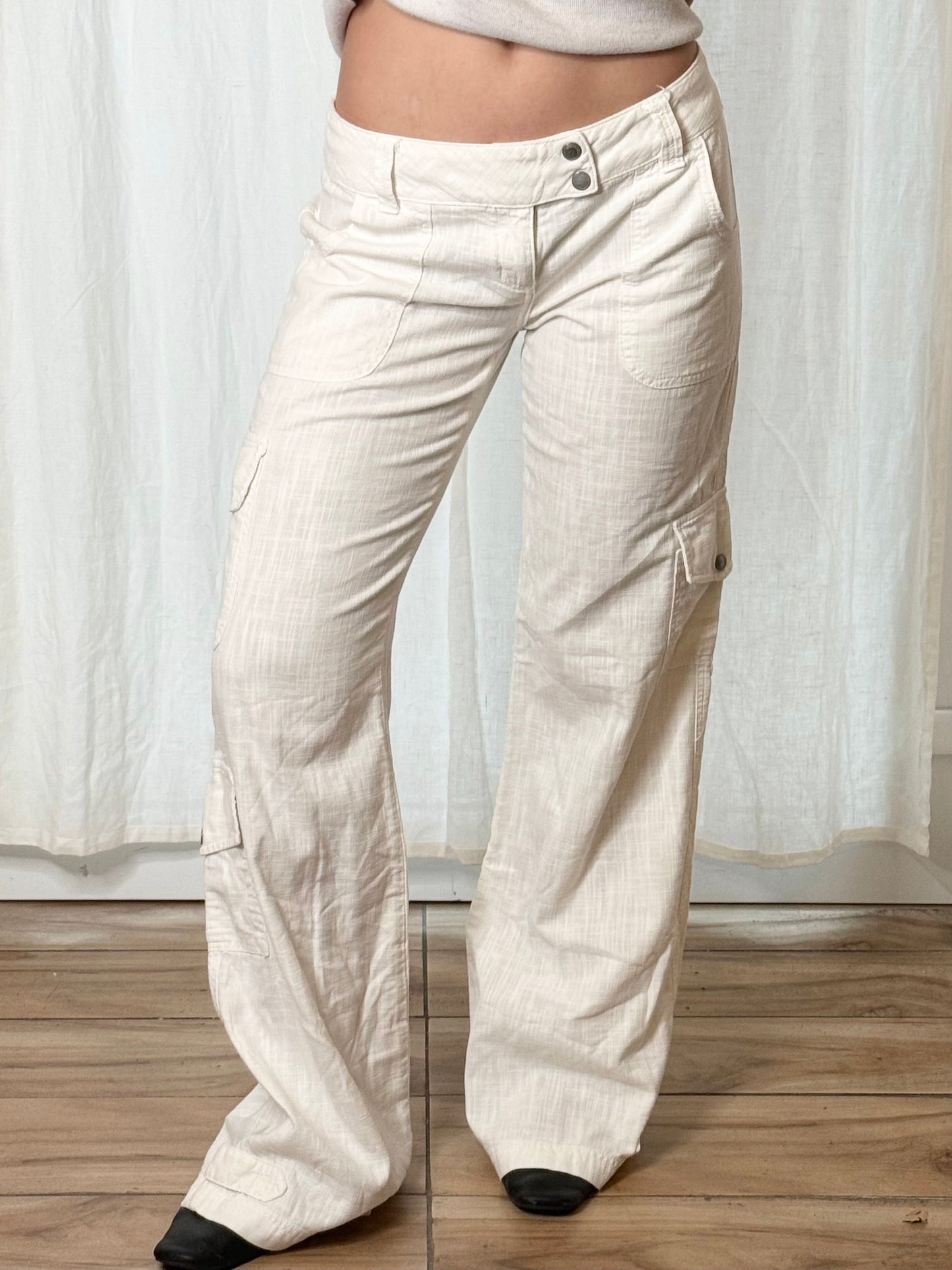 Vintage White Y2K Cotton Low Waisted Cargo Trousers M 38
