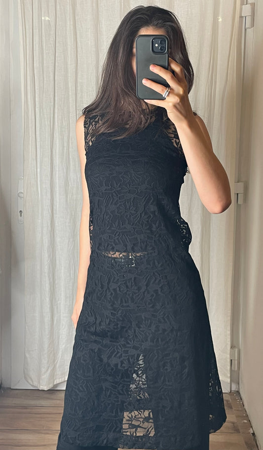 Vintage Lace Overlay Slip Dress Top Black S