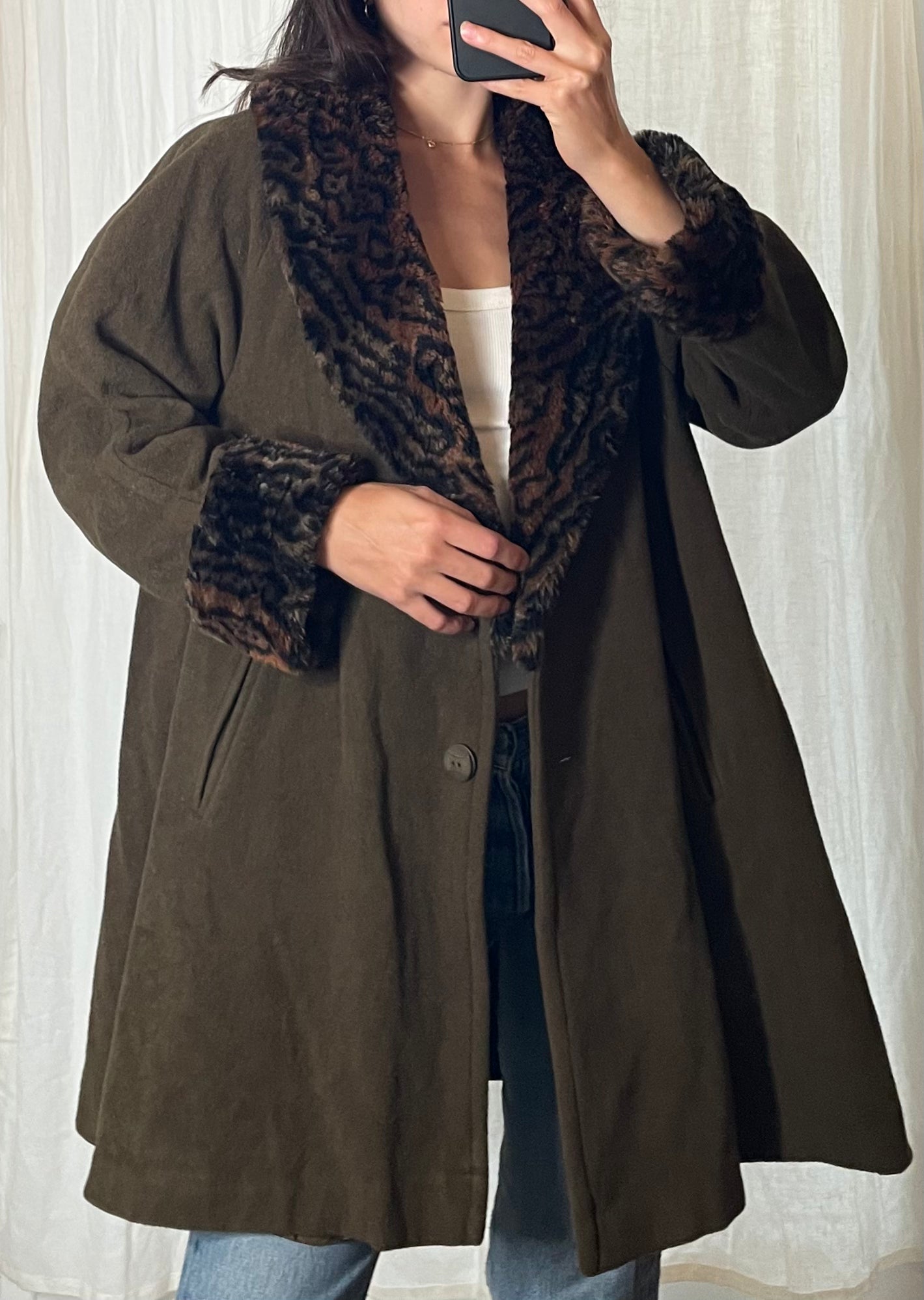 Vintage Dark Olive Green Cheetah Faux Fur Wool Blend Coat M