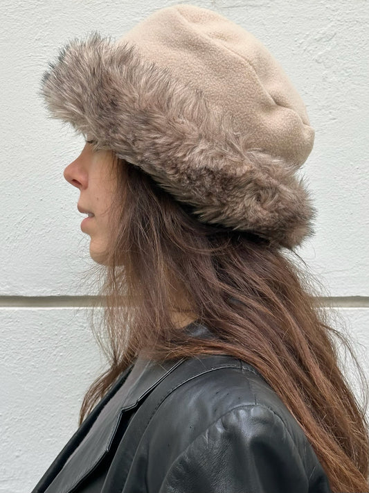 Vintage Faux Fur Trim Beige Hat