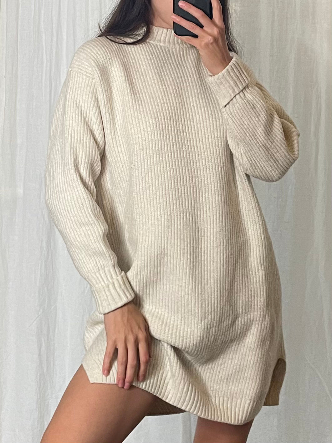 Cream Ribbed Sweater Dress M