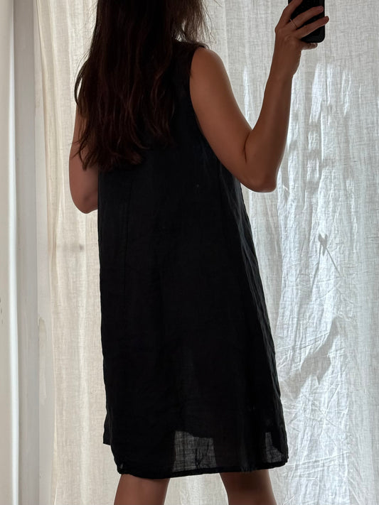 Linen & Cotton Black Knee Length Dress S/M