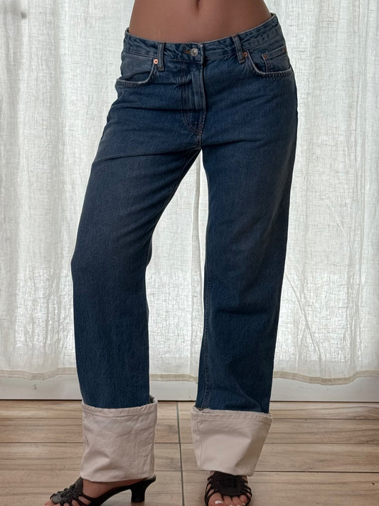 Zara Blue Denim Straight Leg Folded Hem Jeans EU 40