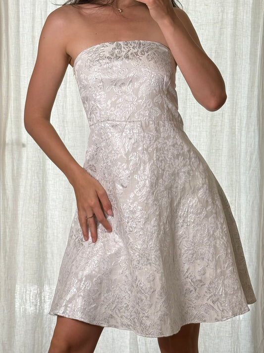 Vintage White & Silver Strapless A-line Mini Dress S