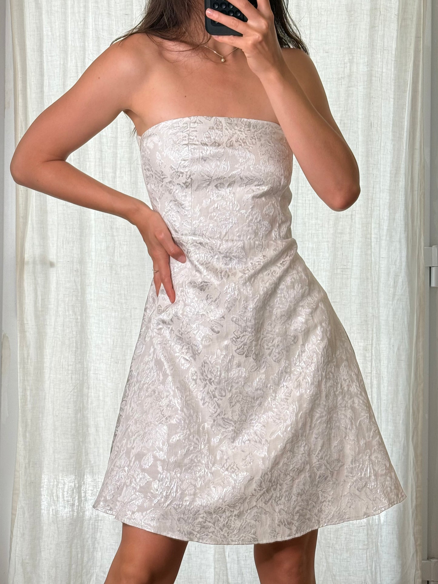 Vintage White & Silver Strapless A-line Mini Dress S