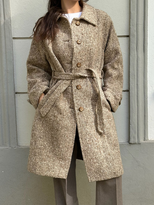 Vintage 100% Wool Light Brown/Beige Belted Coat M