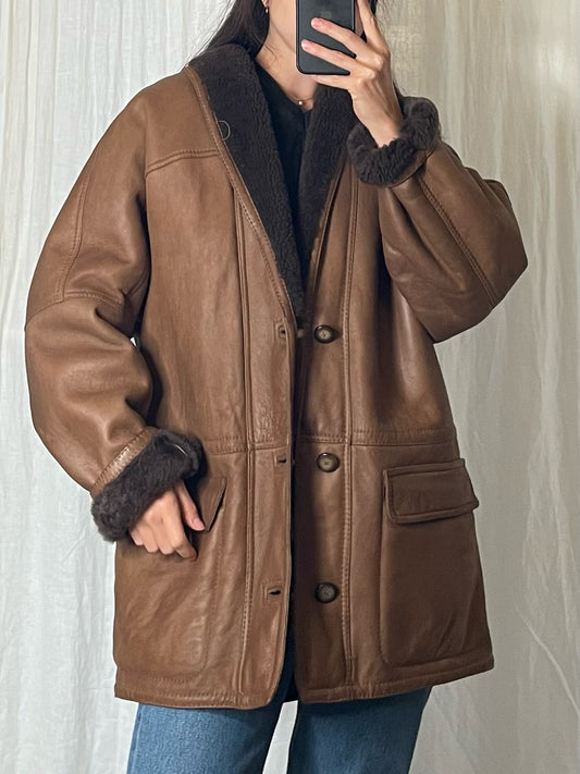 Vintage 100% Genuine Shearling Leather Brown Oversized Coat M/L