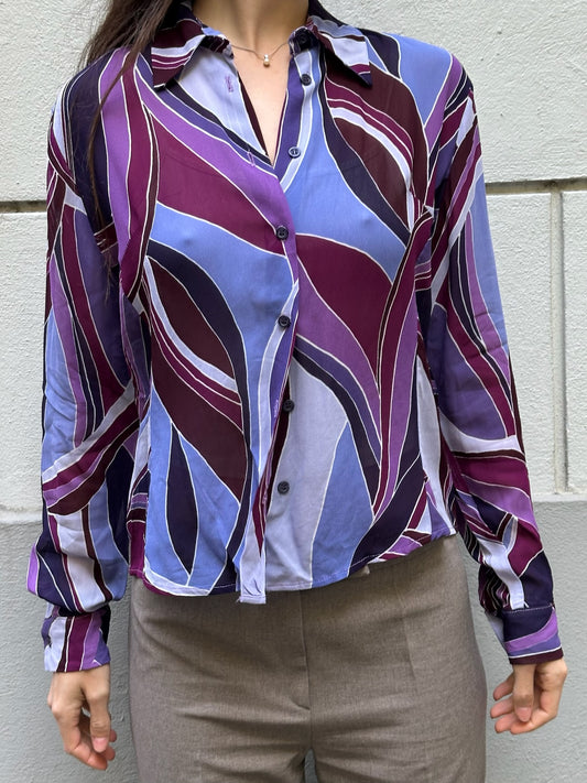 Vintage 100% Viscose Purple Long Sleeve Button Down Blouse S/M