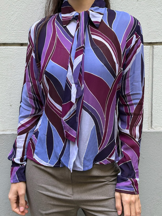 Vintage 100% Viscose Purple Long Sleeve Button Down Blouse S/M