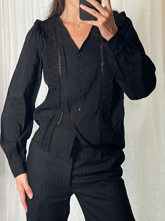 Black Ruffle Cotton/Viscose Long Sleeve Button Down Blouse S