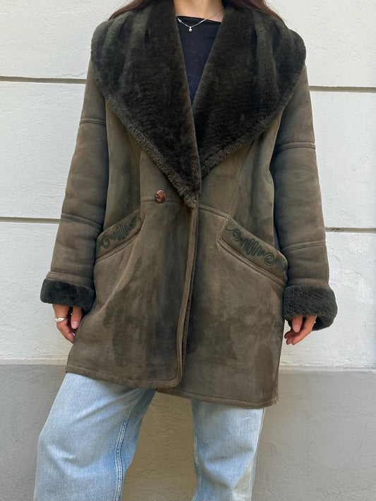 Vintage Dark Green 100% Genuine Shearling Coat M