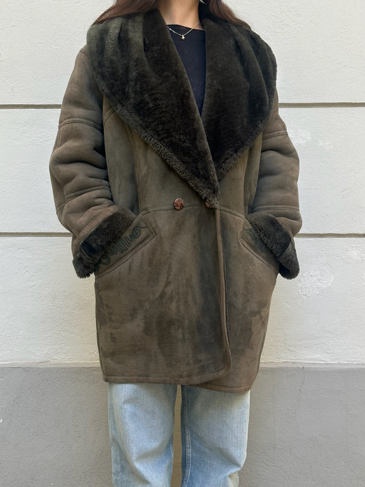 Vintage Dark Green 100% Genuine Shearling Coat M