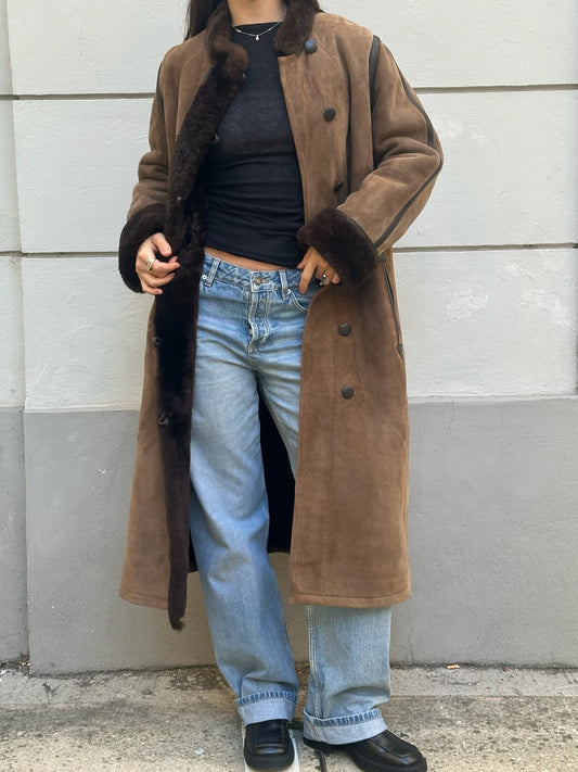 Vintage 100% Genuine Shearling Long Brown Coat S/M