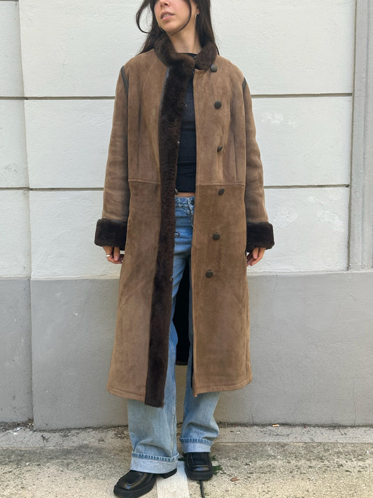 Vintage 100% Genuine Shearling Long Brown Coat S/M