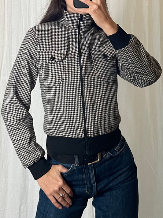 Vintage Wool Houndstooth Zip Up Jacket S