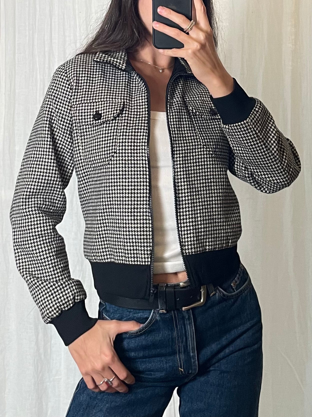 Vintage Wool Houndstooth Zip Up Jacket S