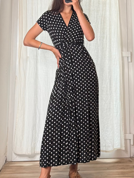 Vintage Black & White Polka Dot Maxi Dress S