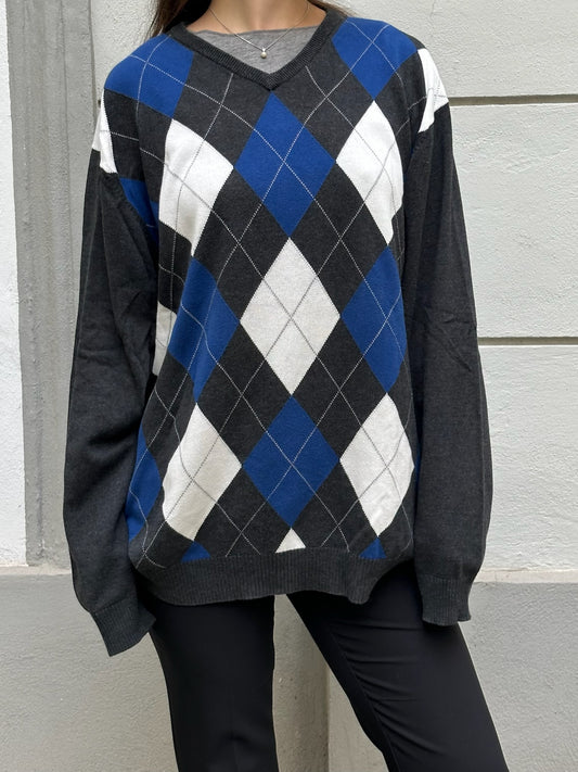 Vintage 100% Cotton Argyle Pattern V-Neck Pullover Sweater L