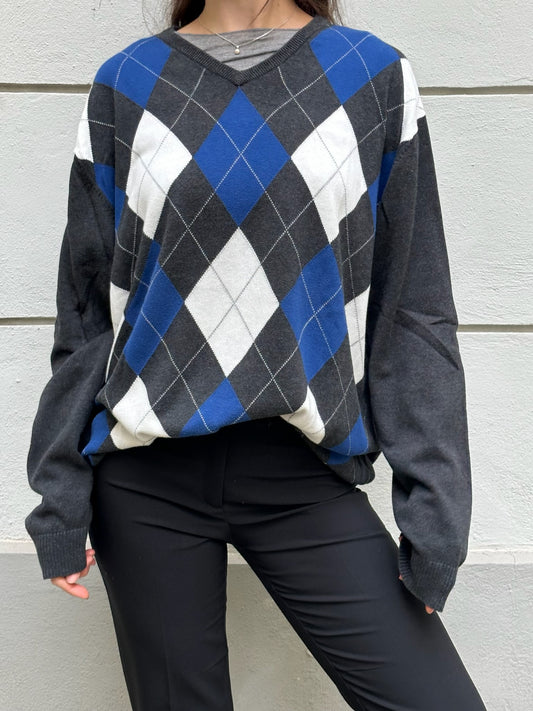 Vintage 100% Cotton Argyle Pattern V-Neck Pullover Sweater L