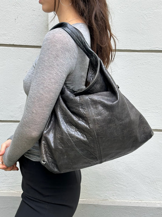 Vintage 100% Genuine Leather Washed Black Bag M/L