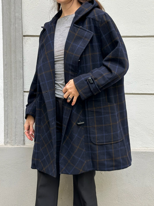 Vintage Navy Blue Plaid 100% Virgin Wool Coat With Hoodie M