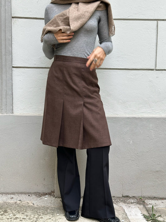 Vintage 90's Brown Pleated Slit Knee Length Skirt S