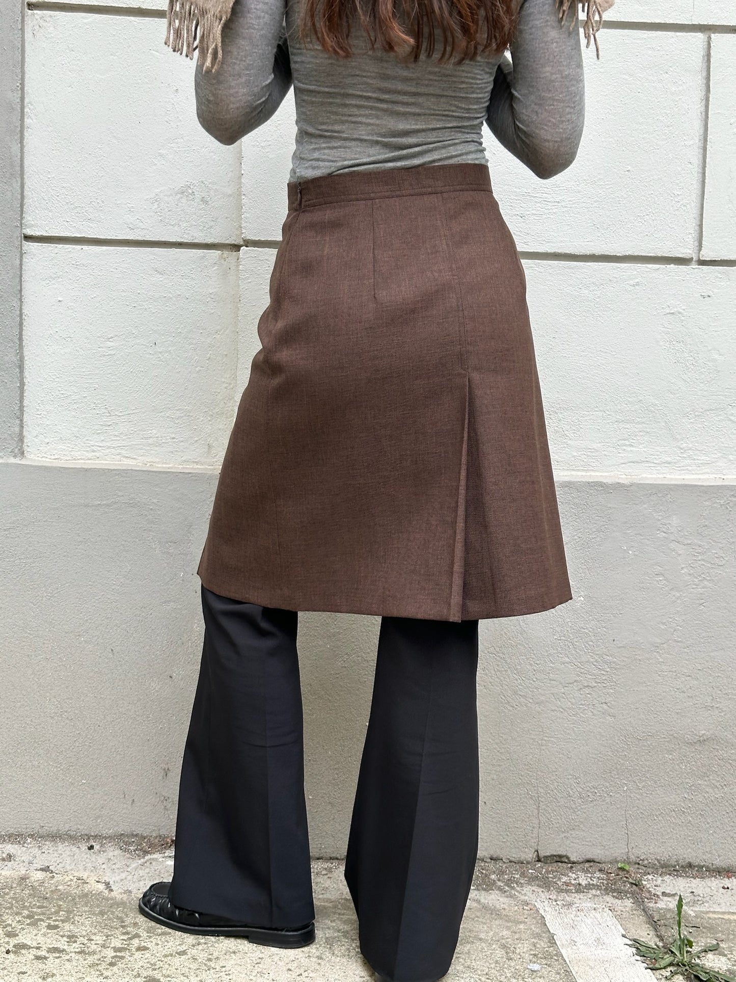 Vintage 90's Brown Pleated Slit Knee Length Skirt S