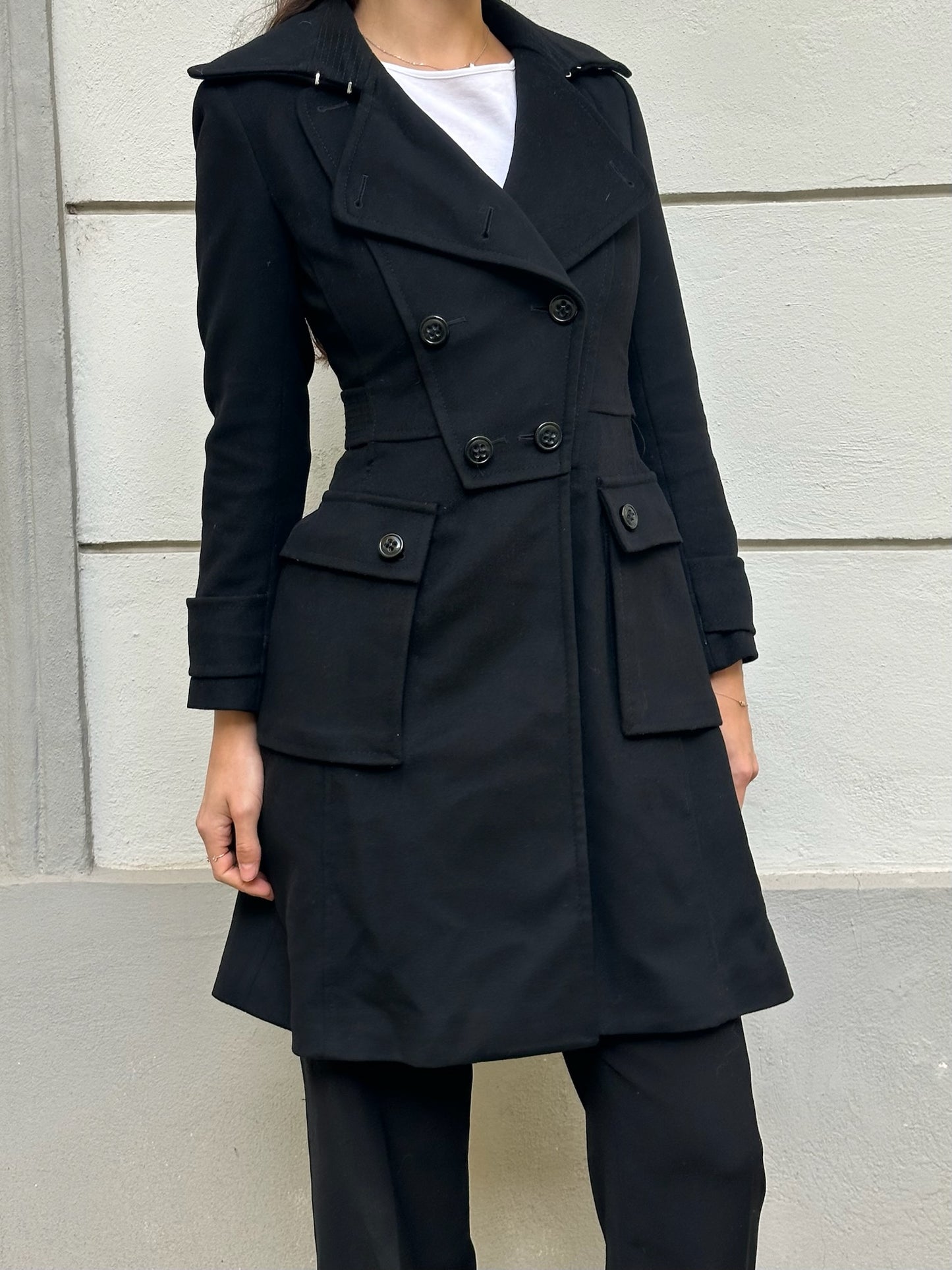 Karen Millen Wool/Cashmere Blend Black Fitted Coat XS/Petite