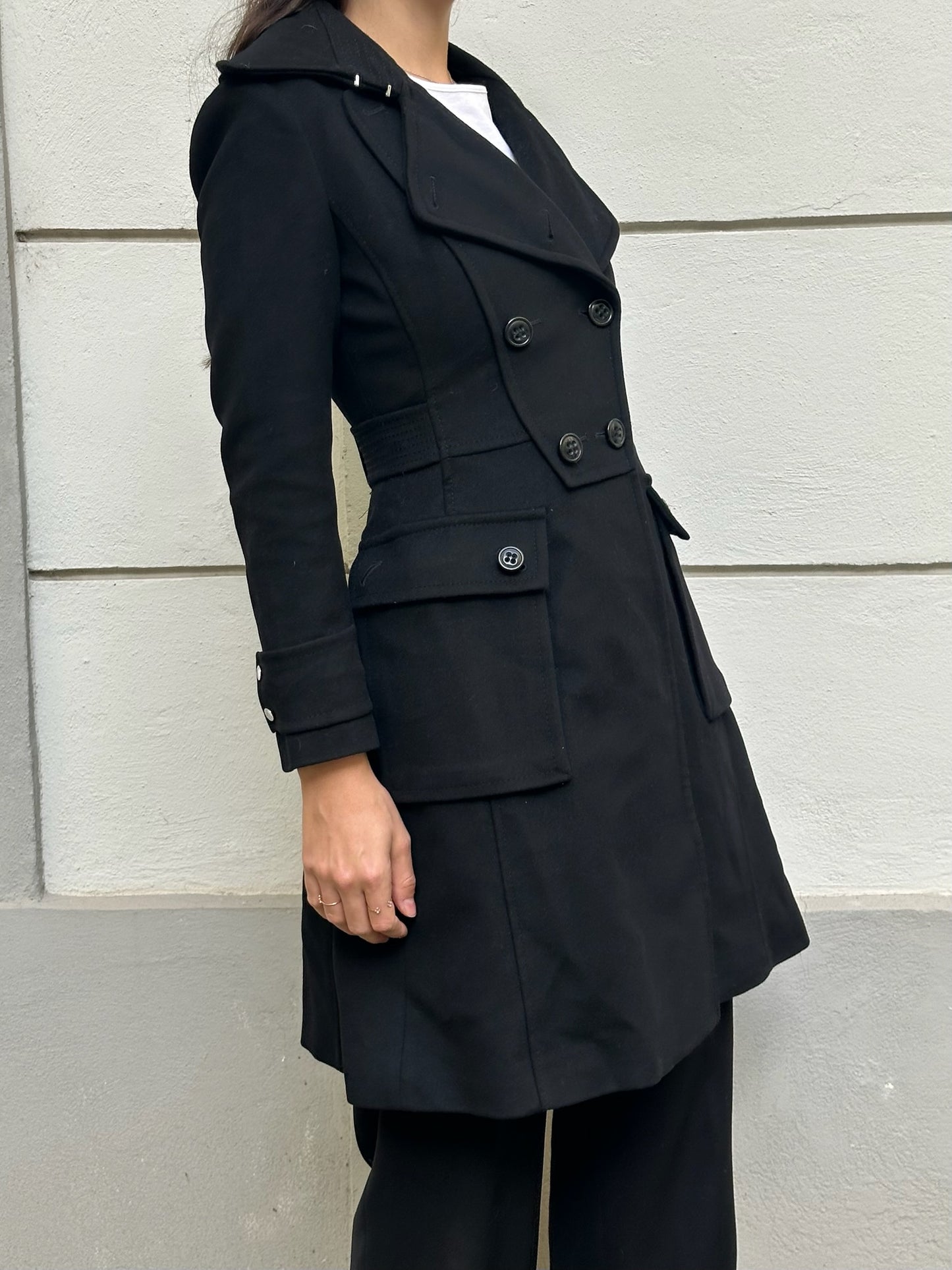 Karen Millen Wool/Cashmere Blend Black Fitted Coat XS/Petite